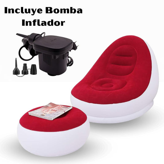 Sillón Sofá Inflable ROJO Con Reposa Pies + Bomba Inflador