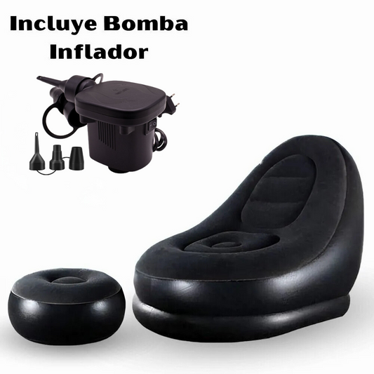 Sillón Sofá Inflable NEGRO Con Reposa Pies + Bomba Inflador